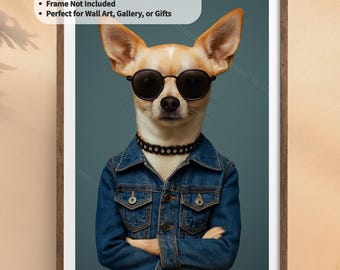 Wandbild mit Hund | Stylischer Chihuahua (Jeansjacke & Sonnenbrille) | Poster zum Download