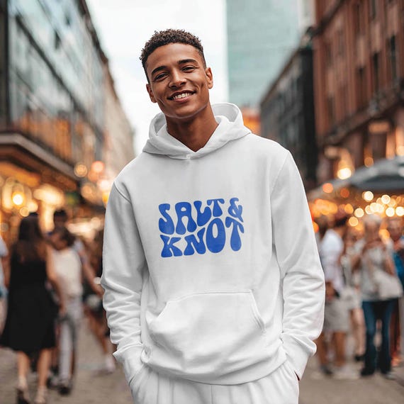 Salt & Knot Retro Typography Hoodie, Coastal Beach Vibes Unisex Sweatshirt, Minimal Streetwear Pullover, Casual Ocean Style Gift