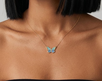Blue Butterfly Necklace, Gold Enamel Butterfly Pendant Necklace, Dainty Minimalist Butterfly Jewelry, Cute Everyday Necklace Gift