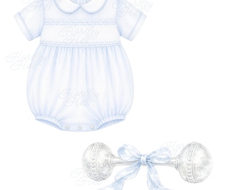 Heirloom Baby Boy Smocked Outfit & Rattle Watercolor Bundle PNG Clipart | Commercial License Included