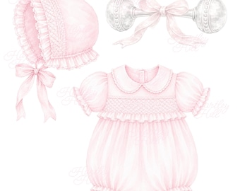 Puede incluir: Ilustración en acuarela de artículos para bebés en rosa suave. Incluye un gorro con lazo, un sonajero con cinta rosa y un pelele abullonado con cuello Peter Pan y corpiño smock. Los artículos están dispuestos sobre un fondo blanco.