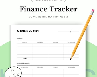 May include: A white ADHD budget planner finance tracker sheet with black text, featuring sections for monthly budget, income, and planned expenses with columns for source, planned, actual, and difference. A yellow pencil and an A4 and US letter label.