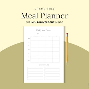 ADHD Meal Planner Printable, Neurodivergent Weekly Menu, Executive Dysfunction Food Tracker, Shame-Free Grocery List, GoodNotes iPad PDF