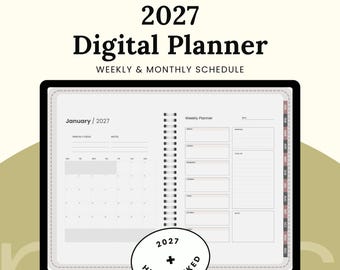 Könnte beinhalten: Ein digitaler Planer für 2027 für Goodnotes, iPad und Tablets mit wöchentlichem und monatlichem Zeitplan. Der Planer zeigt eine Monatsansicht für Januar 2027 und eine Wochenplaner-Seite mit Spiralbindung und 2027 verlinkten Registerkarten.