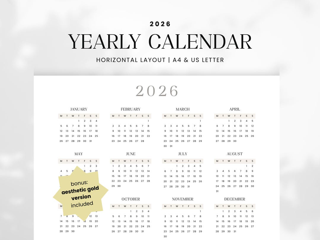 Druckbarer Jahreskalender 2026, eine Seite im Jahr auf einen Blick