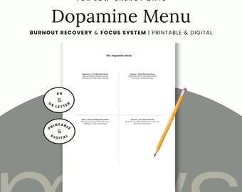 Dopaminmeny ADHD-planerare | Arbetsbok för exekutiv dysfunktion och mall för hjärndumpning | Utskrivbar A4- och surfplatte-PDF