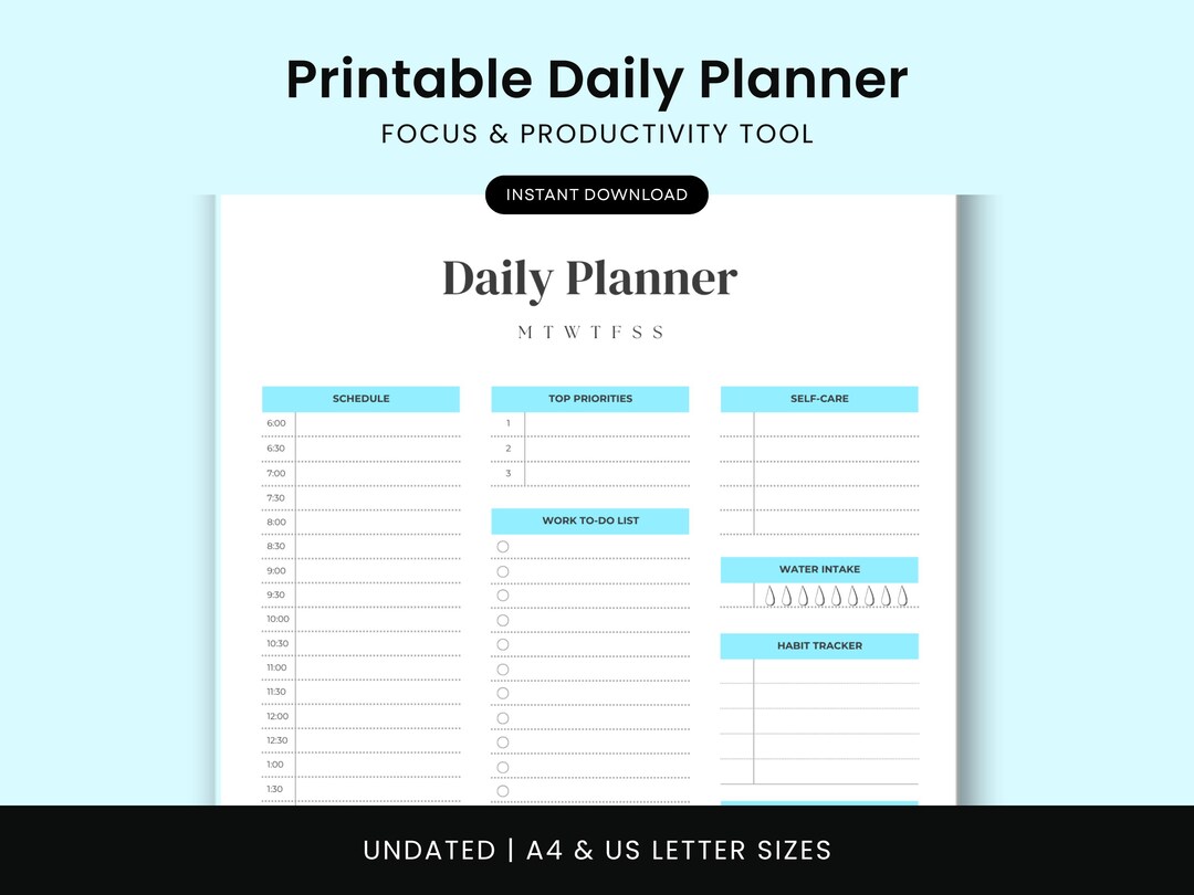 Minimalist Blue Daily Planner Printable PDF | Undated Daily Planner ...