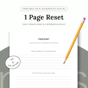 Puede incluir: Una hoja de planificador imprimible 1 Page Reset para vaciado mental diario y alivio del agobio con secciones rayadas. El documento incluye el texto 1 Page Reset, Clear your mind when everything feels overwhelming, What's weighing on my mind right now y What I do NOT need to solve today. Un lápiz amarillo descansa sobre la página.