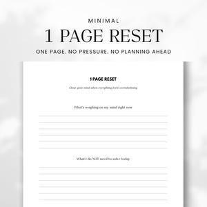 Ejercicios minimalistas de 1 página para restablecer / Volcado mental digital e imprimible para situaciones de sobrecarga / Herramienta diaria de salud mental / Formato A4 + Carta (PDF) para iPad e impresión