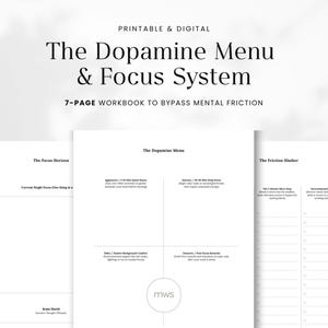 Könnte beinhalten: Ein 7-seitiges druckbares und digitales Arbeitsbuch mit dem Titel The Dopamine Menu & Focus System. Die Seiten zeigen schwarzen Text auf weißem Hintergrund, einschließlich der Abschnitte The Focus Horizon, The Dopamine Menu und The Friction Slasher.