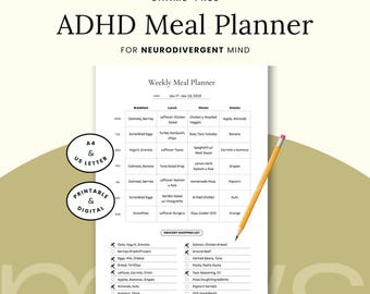 ADHD Meal Planner Printable, Neurodivergent Weekly Menu, Executive Dysfunction Food Tracker, Shame-Free Grocery List, GoodNotes iPad PDF