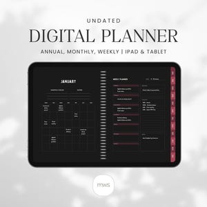 Planner digitale in modalità scura / Planner annuale, mensile, settimanale senza data / iPad e tablet (GoodNotes)