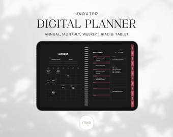 Agenda numérique mode sombre | Agenda annuel, mensuel et hebdomadaire non daté | iPad et tablette (GoodNotes)