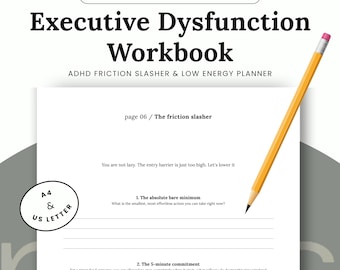 Puede incluir: Un libro de trabajo digital imprimible en A4 y Goodnotes, Executive Dysfunction Workbook, ADHD Friction Slasher y Low Energy Planner. La página titulada The friction slasher incluye indicaciones para el mínimo absoluto y un compromiso de 5 minutos, con un lápiz amarillo.