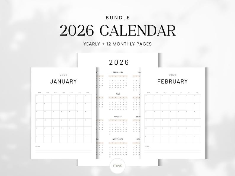 Kalender 2026 zum Ausdrucken | Jährlich + Monatlich Minimal Planer Set