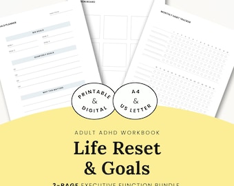 May include: A three-page printable workbook titled Life Reset & Goals, featuring an ADHD planner, vision board, and monthly habit tracker. The pages include sections for big goals, quarterly goals, and daily habit tracking in A4 and US Letter sizes.