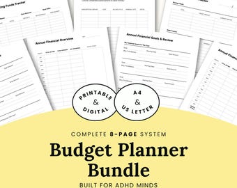 May include: An 8-page budget planner bundle featuring various financial tracking sheets including a savings and debt tracker, subscription tracker, and annual financial overview. The text reads Budget Planner Bundle Built for ADHD Minds.