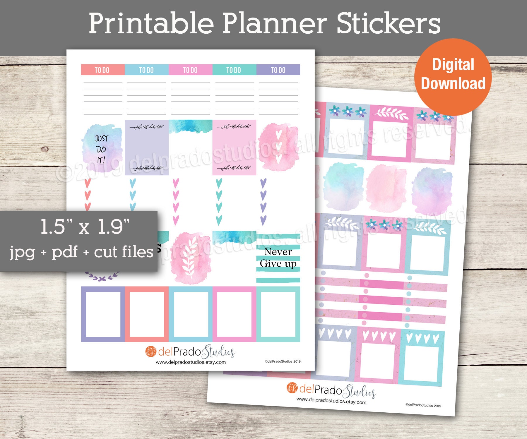Printable Planner Stickers Pastel Watercolor Boxes Vertical Erin ...