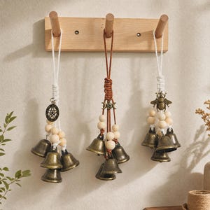 May include: Three hanging decorative bell ornaments suspended from a light wood wall rack. Each ornament features brass-toned bells, natural wooden beads, and unique charms including a pentagram, a triple moon symbol, and a bee, tied with cord.