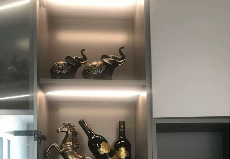 May include: A display cabinet with decorative items. Two dark gray elephant figurines with ornate detailing sit on a shelf. Below, a gold horse statue and two black wine bottles with gold labels are visible.