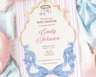 Cyfrowy szablon zaproszenia na baby shower w kolorze różowym z kokardą w stylu vintage
