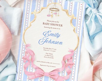 Zaproszenie na baby shower z różową kokardką: motyw niebieskiej kokietki (szablon cyfrowy)