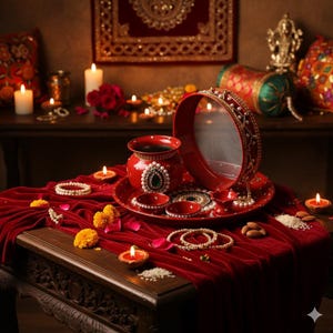 Rich Red Karwachauth Thali Set | Pearl Studded Pooja Channi & Lota Kit