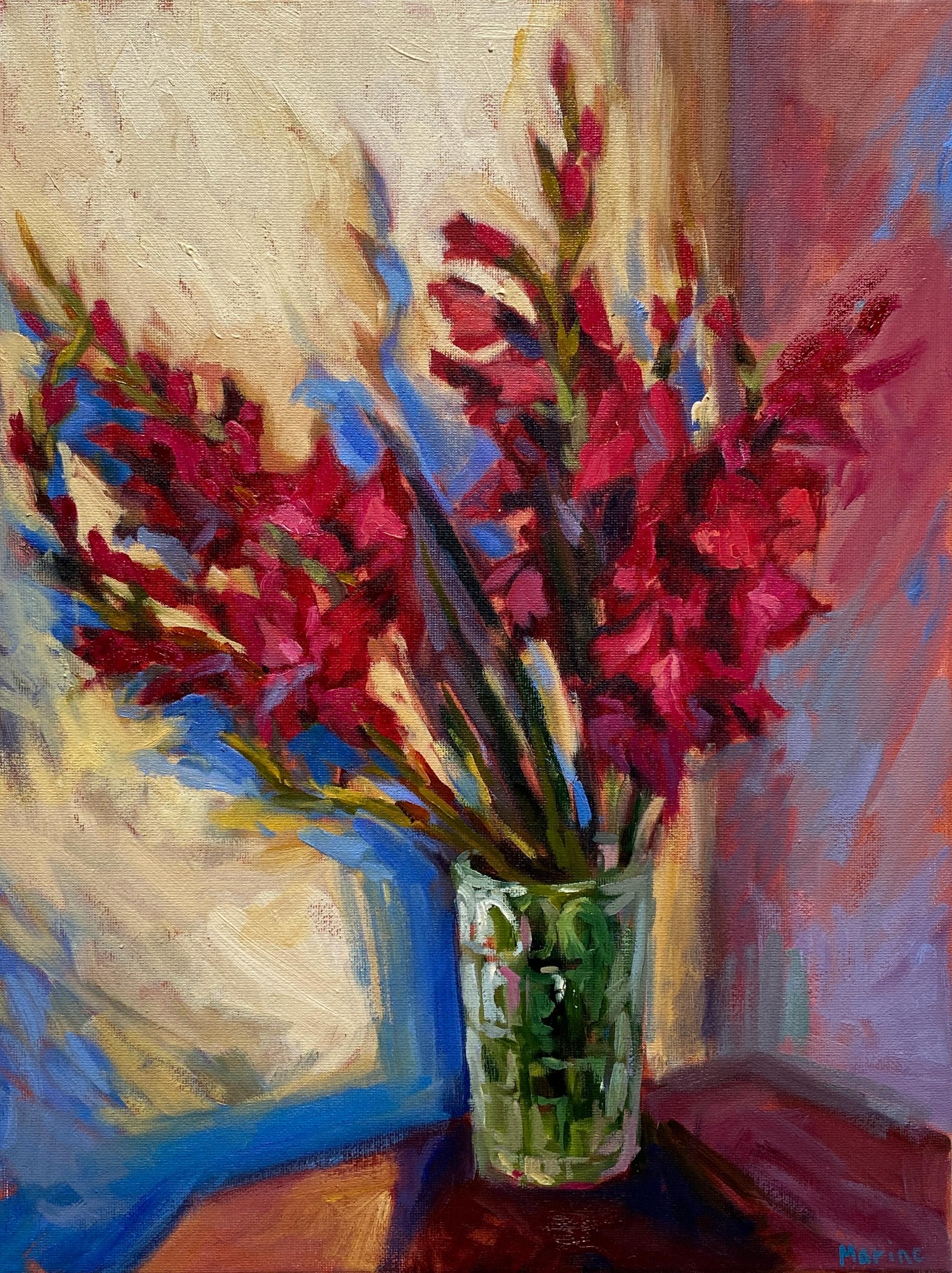 赤いグラジオラスの油絵：キャンバスに描かれた花の静物画（11.8×15.7
