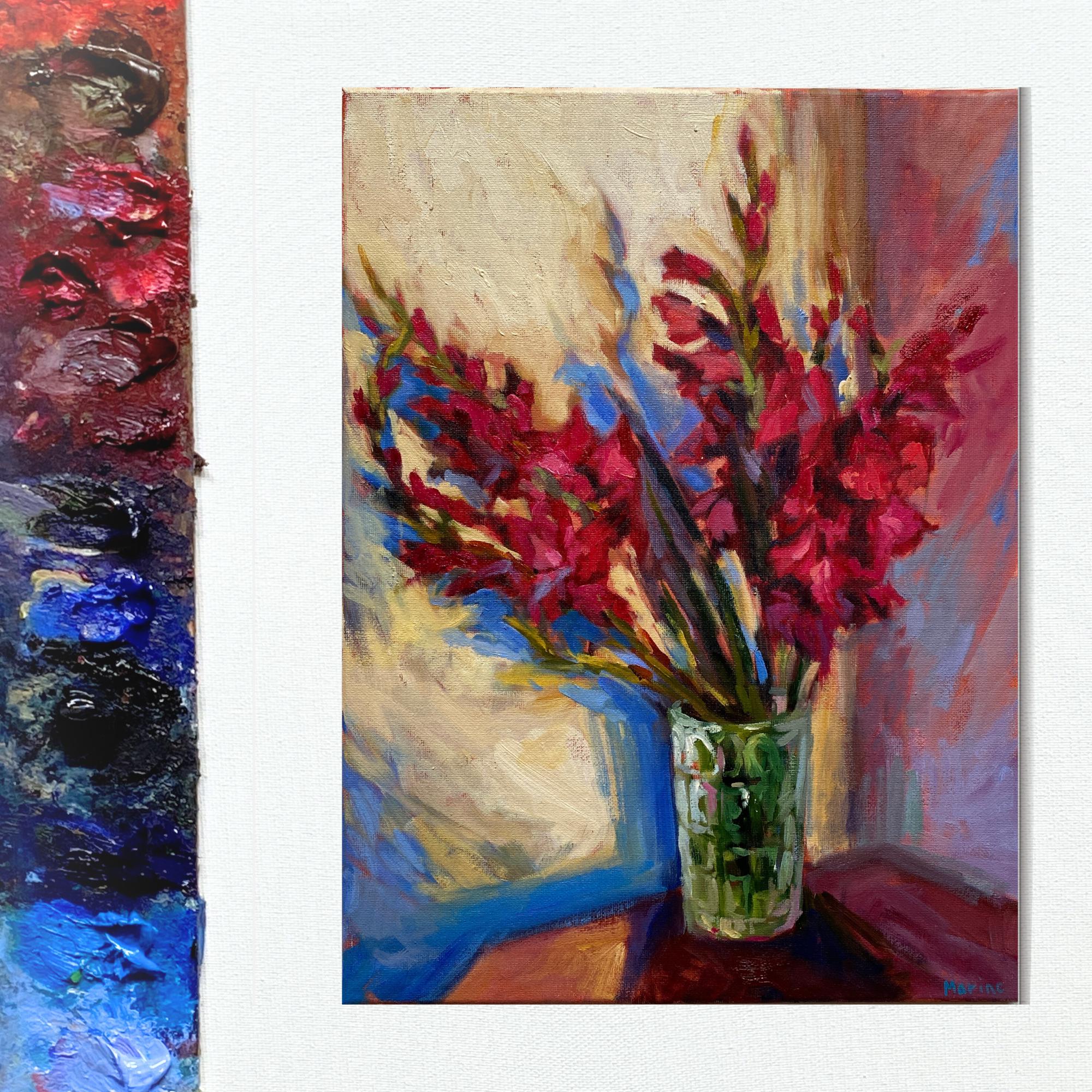 赤いグラジオラスの絵画：花の静物画 油彩キャンバス（11.8x15.7インチ