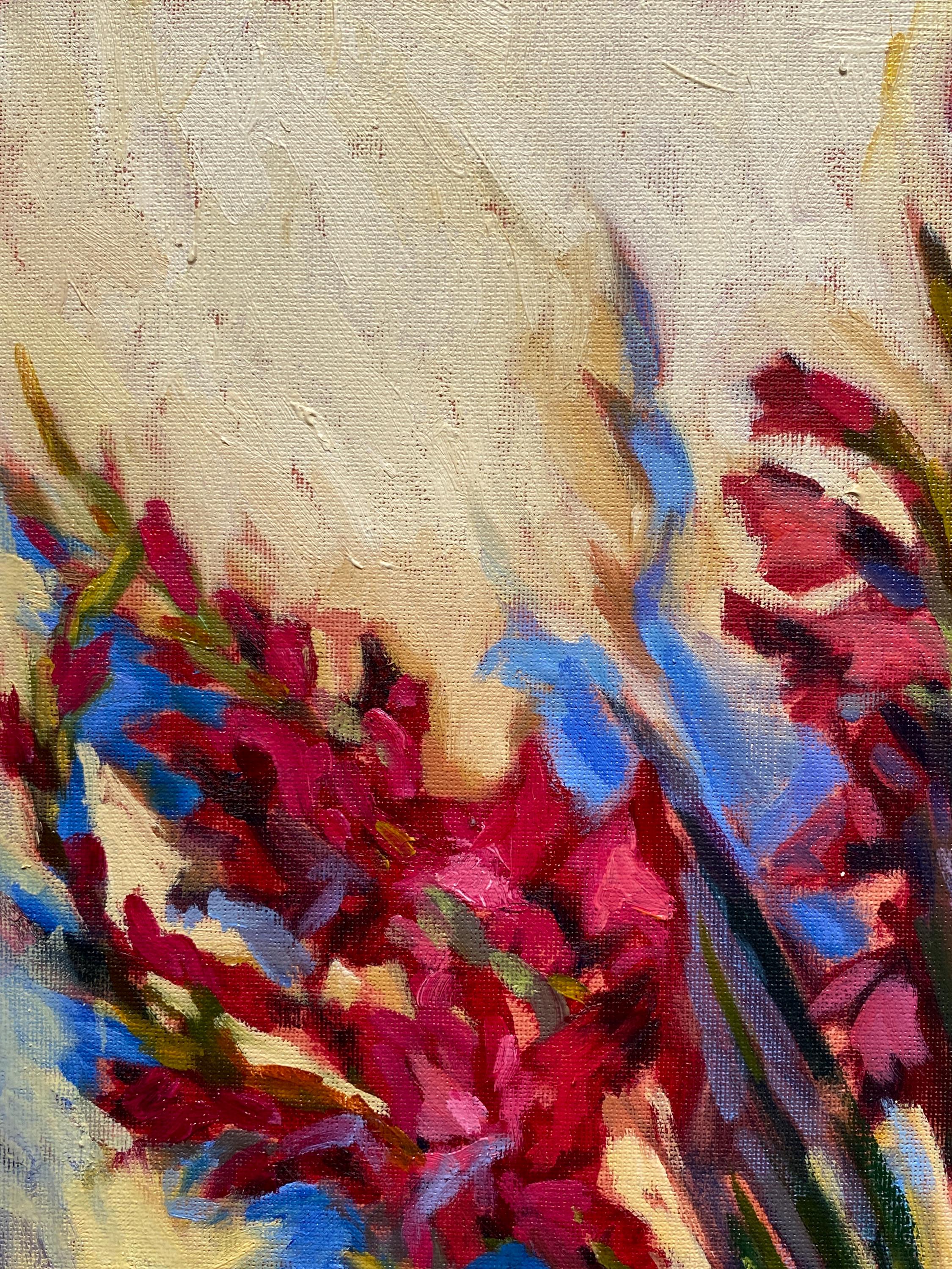 赤いグラジオラスの油絵：キャンバスに描かれた花の静物画（11.8×15.7