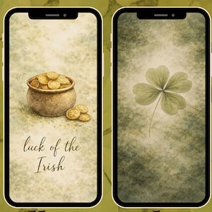 May include: A collection of ten smartphone wallpapers with a St. Patrick's Day theme. The designs include a leprechaun, a pot of gold, shamrocks, and the words "luck of the Irish" and "lucky". The background is a textured, watercolor-style design.