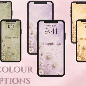 Op de afbeelding: Drie smartphones met bloemenachtergronden in groen, paars en geel. Elk scherm toont de tijd 9:41 en het woord "Happiness". De tekst "3 COLOUR OPTIONS" is onderaan zichtbaar.
