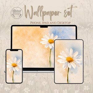 Daisy Phone Wallpaper Set, Watercolor Flower Wallpaper for iPhone iPad Desktop, Minimal Floral Aesthetic Background, Nature Digital Download