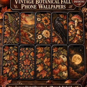 Könnte beinhalten: Eine Sammlung von 10 digitalen Handy-Hintergrundbildern mit botanischen Herbstmotiven im Vintage-Stil. Die Bilder zeigen saisonale Themen wie Tannenzapfen, Landschaften, Sonnenblumen, einen Raben, Pilze, Eicheln, Blätter, Kürbisse und einen Vollmond.