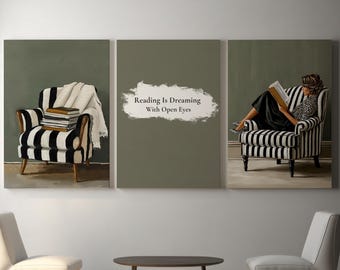 Book Lover Wall Art Set of 3, Cozy Reading Decor, Sage Green Bookish Prints, Literary Quote Wall Art, Printable Library Art,Digital Download