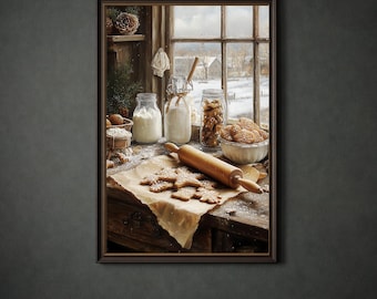 May include: A framed print depicting a kitchen scene. A wooden rolling pin lies on parchment paper with gingerbread biscuits. Jars of ingredients and a bowl of biscuits sit on a wooden table near a window overlooking a snowy landscape.