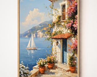 Amalfi Coast Print, Italian Landscape Oil Painting, Mediterranean Villa Wall Art, Coastal Seascape Decor, Digital Download