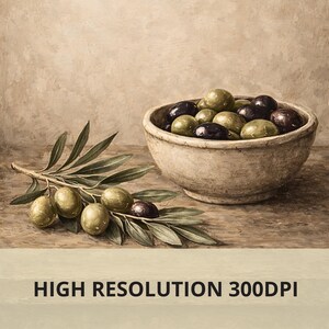 Rustic Olive Wall Art Print, Mediterranean Kitchen Decor, Vintage Olive Still Life, Farmhouse Kitchen Art, Olive Branch Artwork, Printable image 2