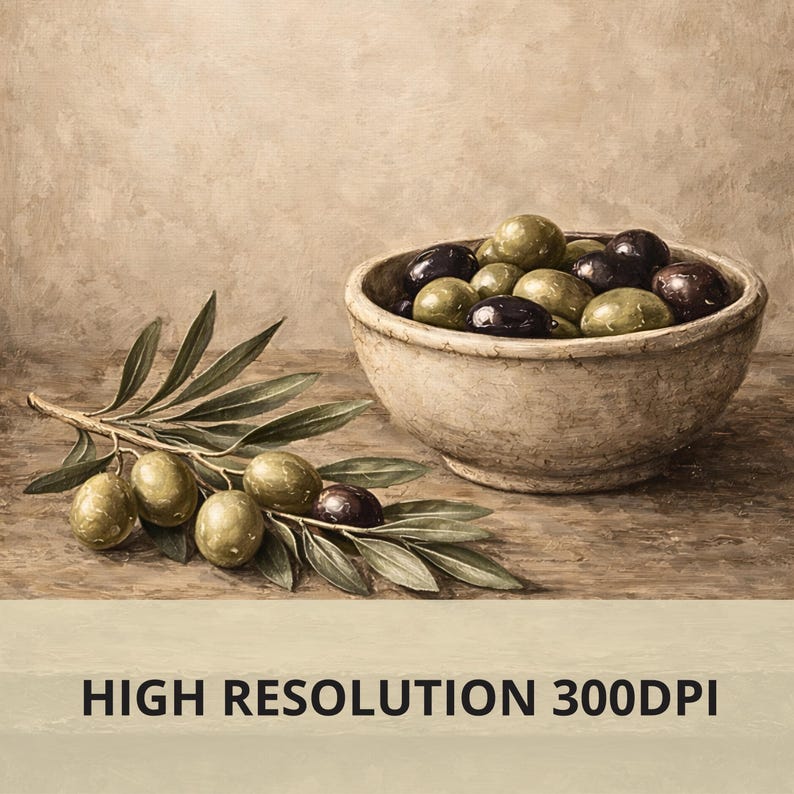 Rustic Olive Wall Art Print, Mediterranean Kitchen Decor, Vintage Olive Still Life, Farmhouse Kitchen Art, Olive Branch Artwork, Printable image 2