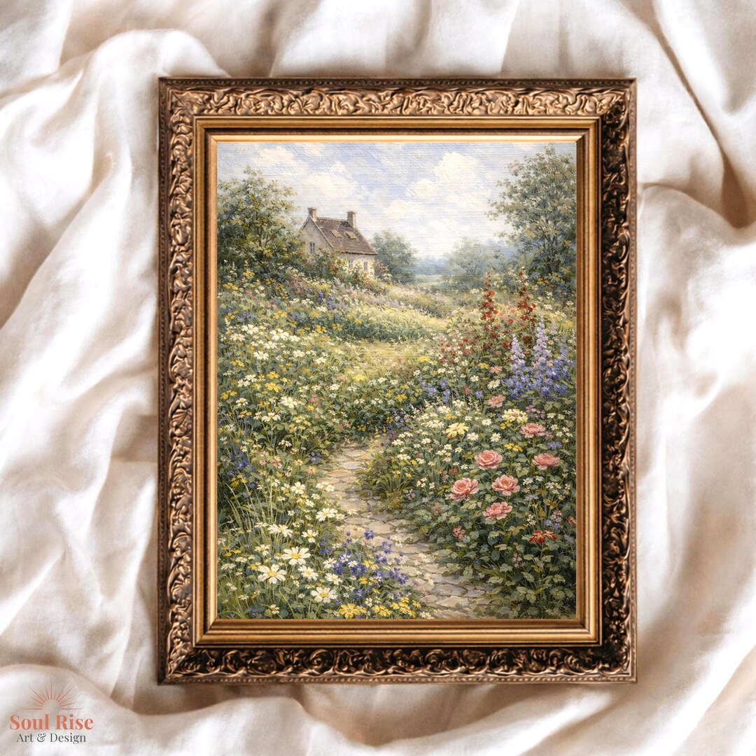 Vintage Spring Garden Oil Painting Print, Floral Path Wall Art ...