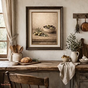 Rustic Olive Wall Art Print, Mediterranean Kitchen Decor, Vintage Olive Still Life, Farmhouse Kitchen Art, Olive Branch Artwork, Printable image 4