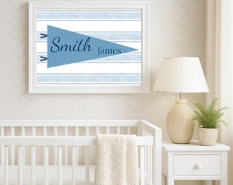 Personalized Nursery Pennant Name Print, Vintage Baby Name Sign, Custom Kids Wall Art, Striped Nursery Decor, Digital Download