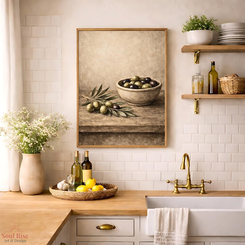 Rustic Olive Wall Art Print, Mediterranean Kitchen Decor, Vintage Olive Still Life, Farmhouse Kitchen Art, Olive Branch Artwork, Printable image 7