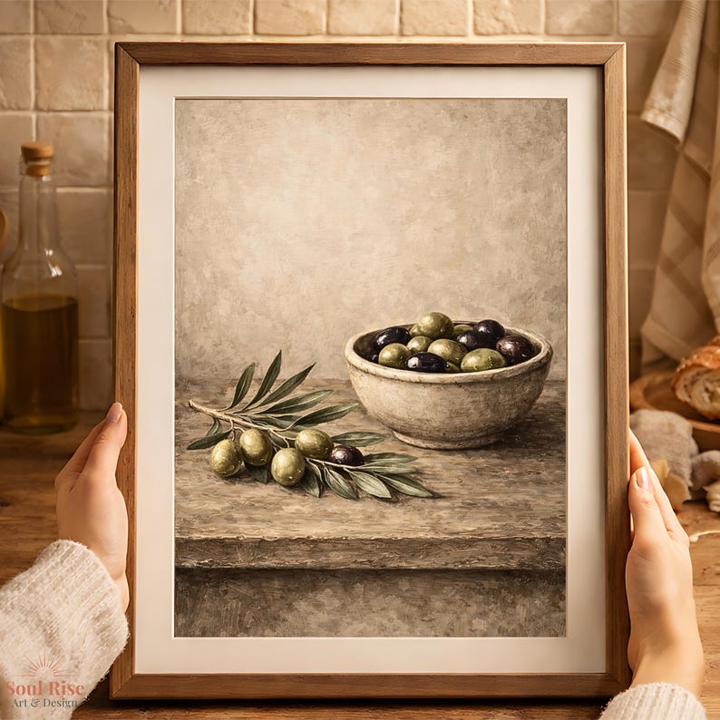 Rustic Olive Wall Art Print, Mediterranean Kitchen Decor, Vintage Olive Still Life, Farmhouse Kitchen Art, Olive Branch Artwork, Printable image 10