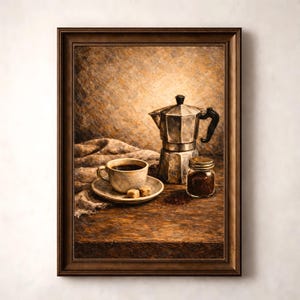 May include: Framed artwork featuring a still life of coffee. A cup of coffee on a saucer with sugar cubes, a stovetop espresso maker, and a jar of coffee grounds are arranged on a wooden surface. The artwork has a warm, sepia-toned color palette.
