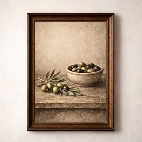 Rustic Olive Wall Art Print, Mediterranean Kitchen Decor, Vintage Olive Still Life, Farmhouse Kitchen Art, Olive Branch Artwork, Printable