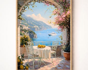 Mediterranean Coastal View Wall Art, Printable Amalfi Coast Painting, Italian Lemon Terrace Landscape, Vintage Travel Decor