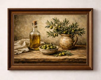 Farmhouse Kitchen Wall Art Printable, Rustic Olive Oil & Olives Still Life Painting, Vintage Mediterranean Decor, French Country Kitchen Art