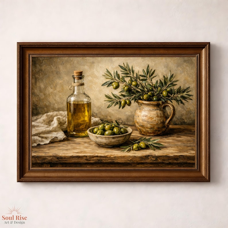 Farmhouse Kitchen Wall Art Printable, Rustic Olive Oil & Olives Still ...
