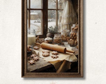 May include: A framed print shows a winter baking scene. A wooden rolling pin lies on parchment paper with star-shaped biscuits. Jars of biscuits and ingredients sit on a table near a window overlooking a snowy landscape. The print is labeled "Soul Rise Art & Design."
